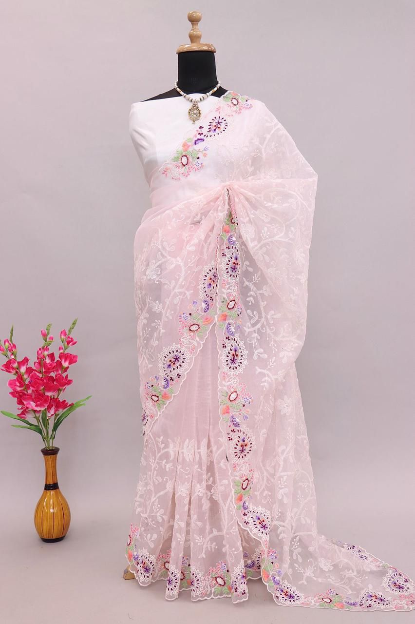 Pure Organza Silk Lucknawi Embroidery Work Saree