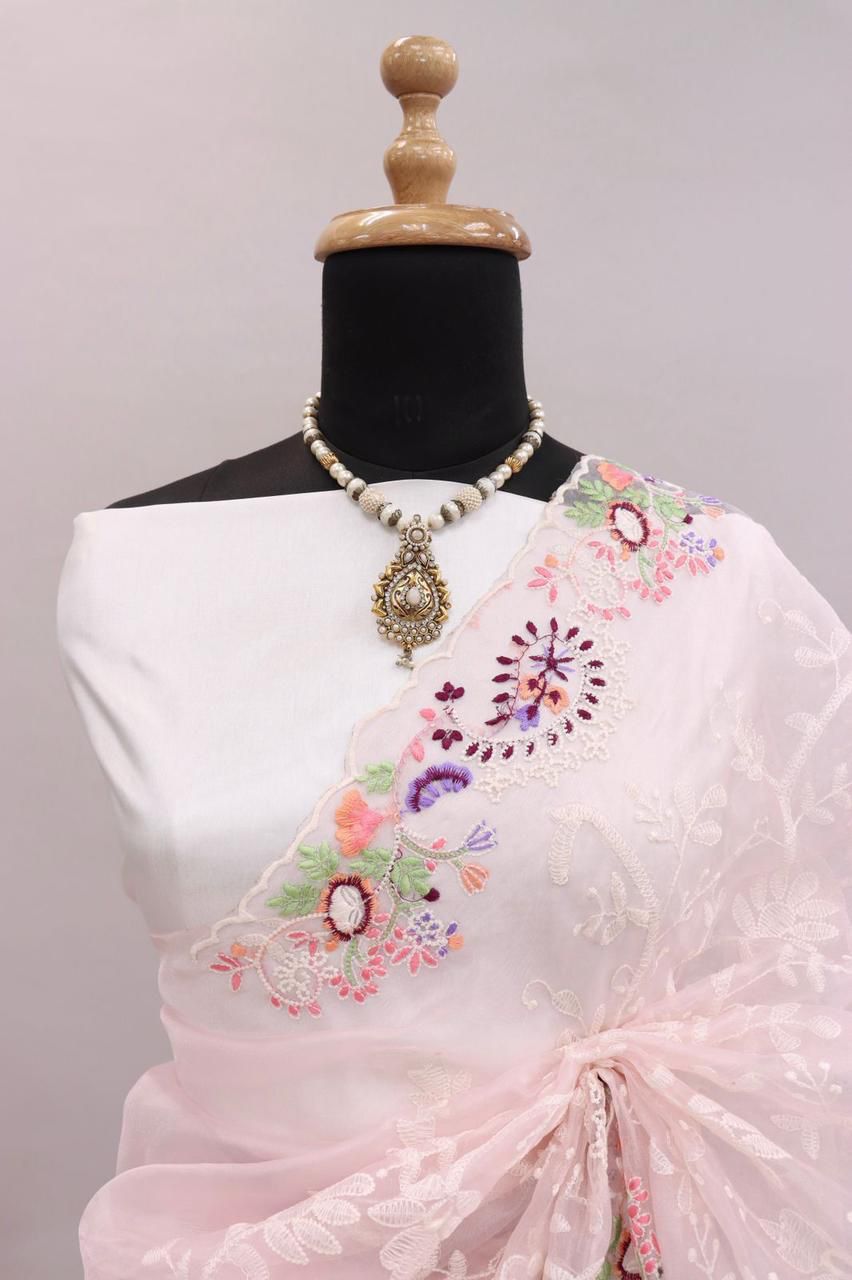 Pure Organza Silk Lucknawi Embroidery Work Saree