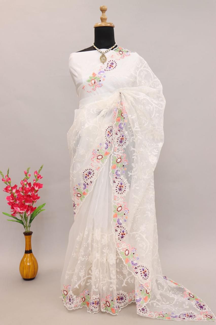 Pure Organza Silk Lucknawi Embroidery Work Saree