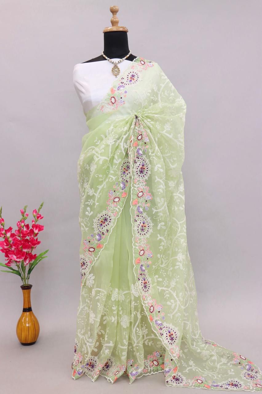 Pure Organza Silk Lucknawi Embroidery Work Saree