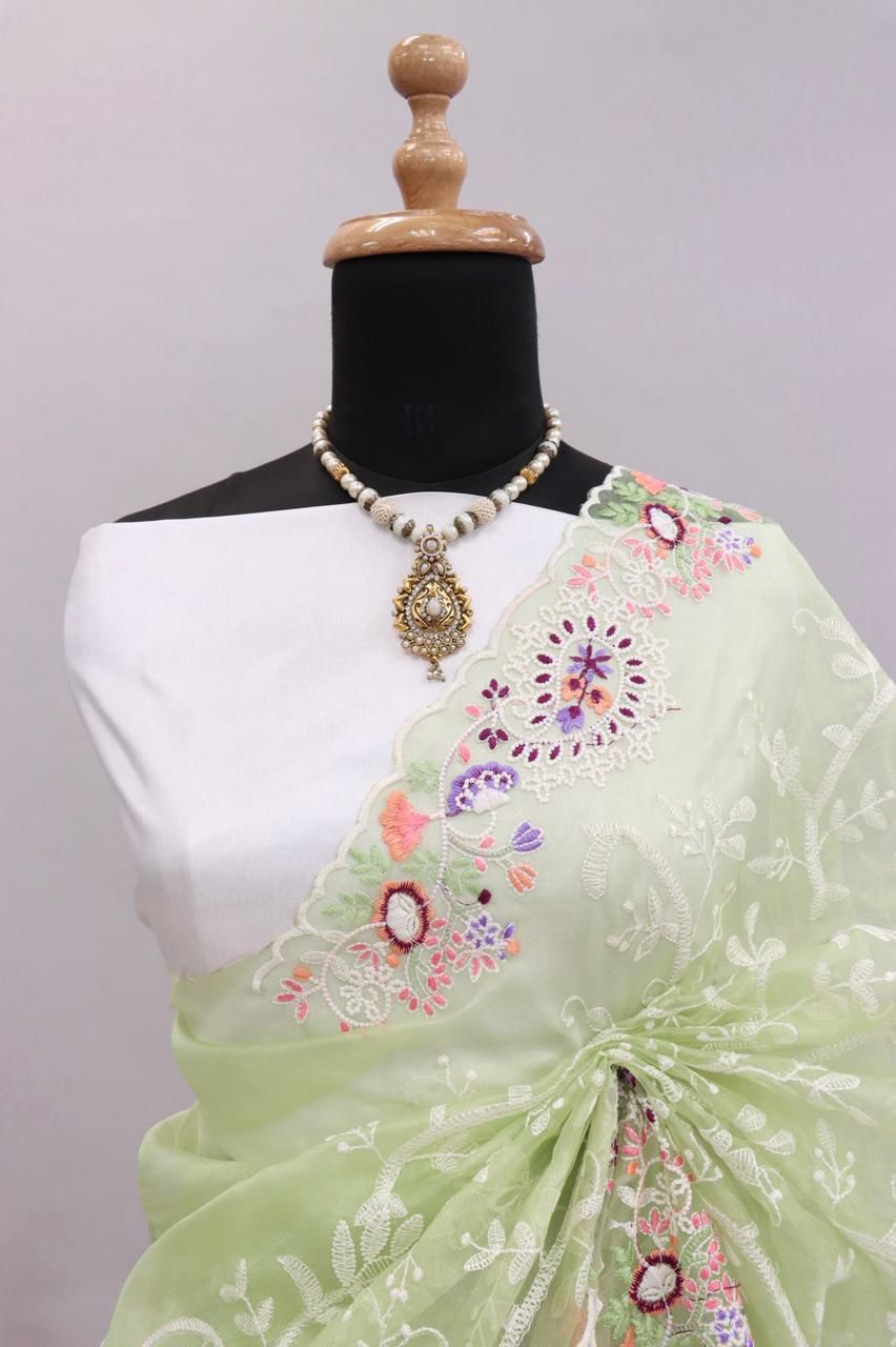 Pure Organza Silk Lucknawi Embroidery Work Saree
