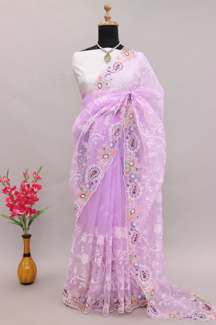 Pure Organza Silk Lucknawi Embroidery Work Saree