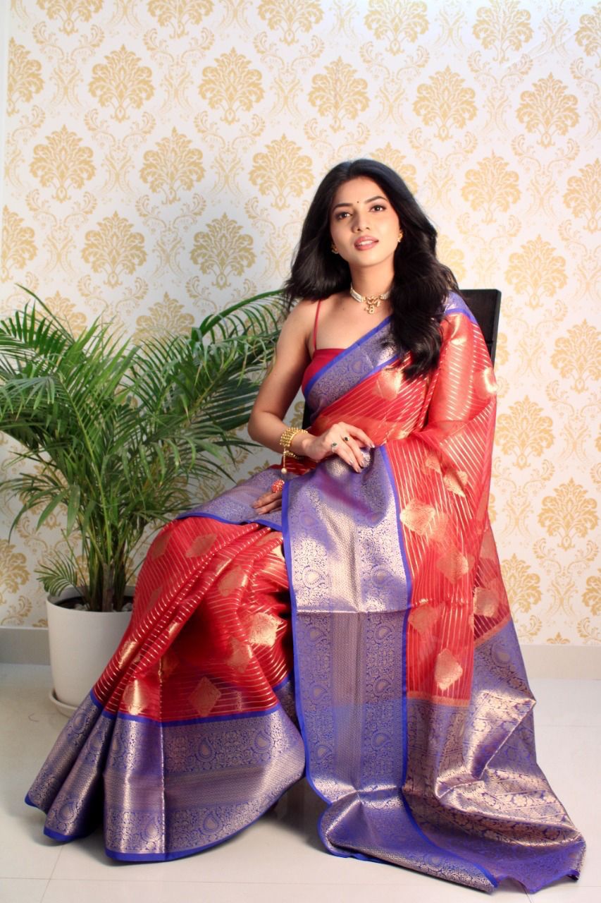 Pure Banarasi Organza Silk Silver Zari Lining And Boota Saree