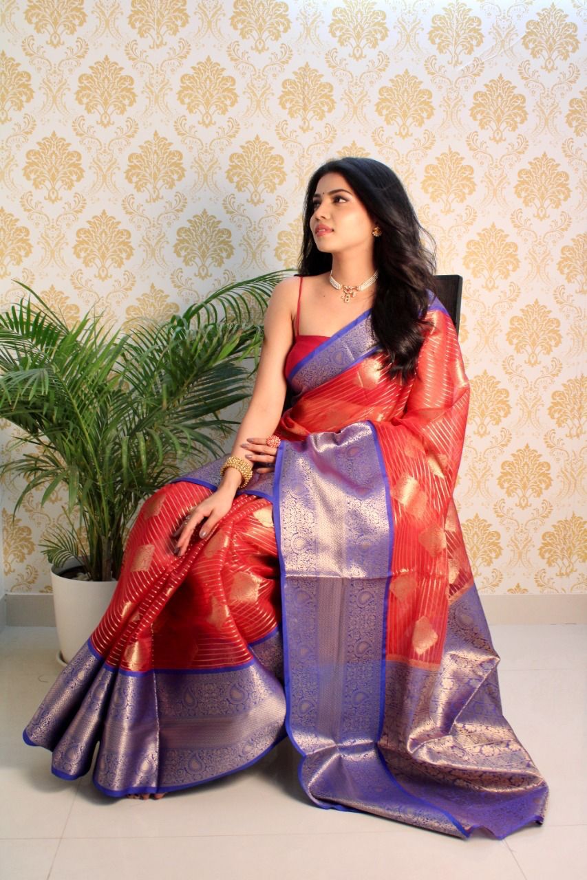 Pure Banarasi Organza Silk Silver Zari Lining And Boota Saree