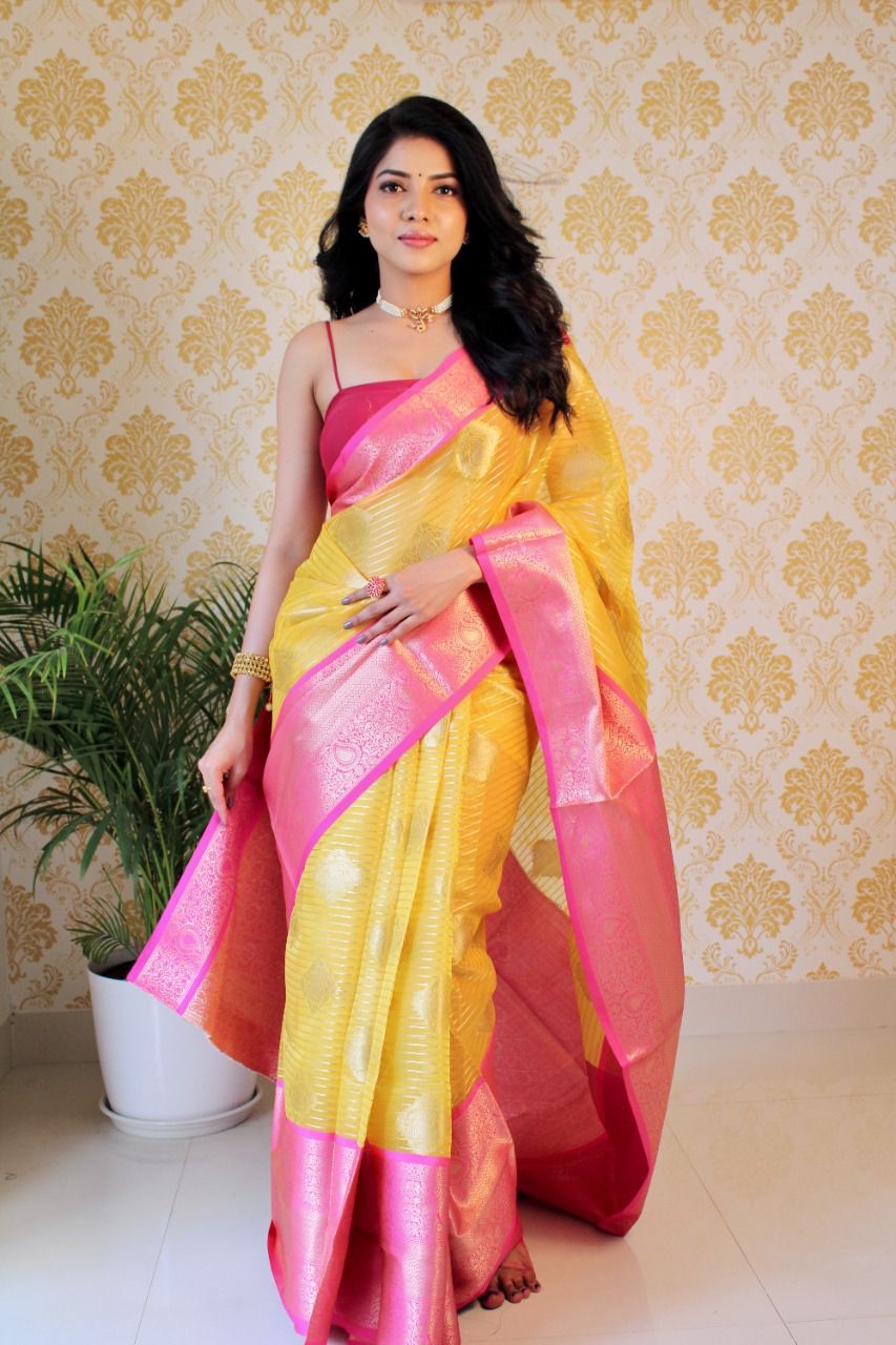 Pure Banarasi Organza Silk Silver Zari Lining And Boota Saree