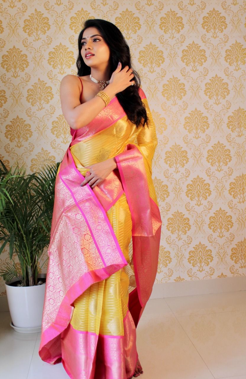 Pure Banarasi Organza Silk Silver Zari Lining And Boota Saree