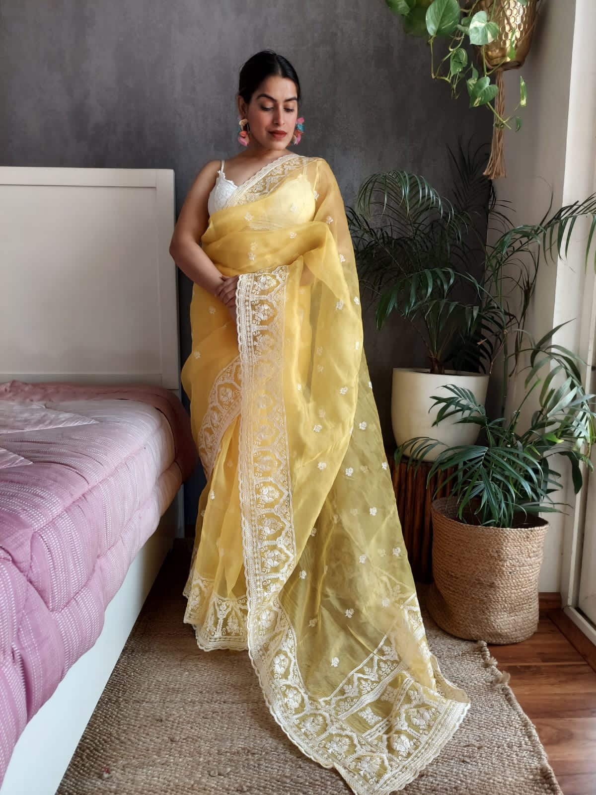 Pure Organza Silk All Over Embroidery Work With Rich Pallu Saree