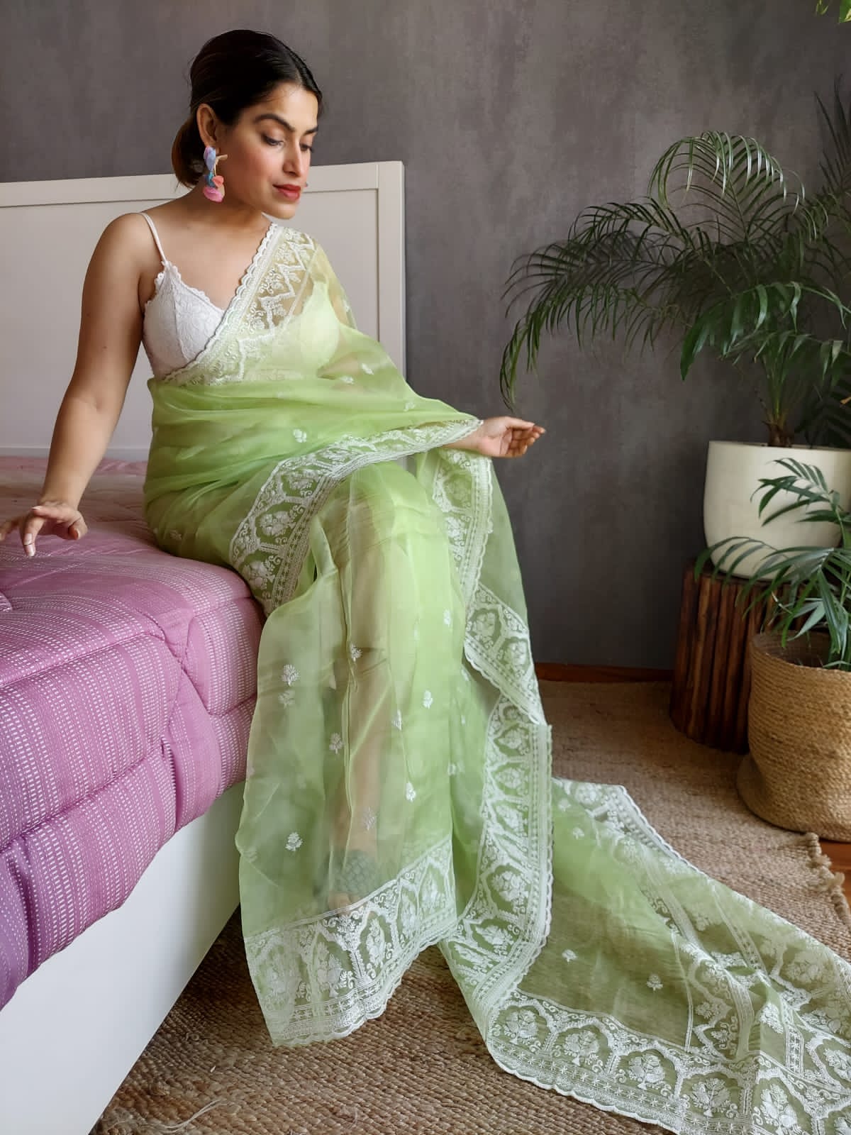 Pure Organza Silk All Over Embroidery Work With Rich Pallu Saree