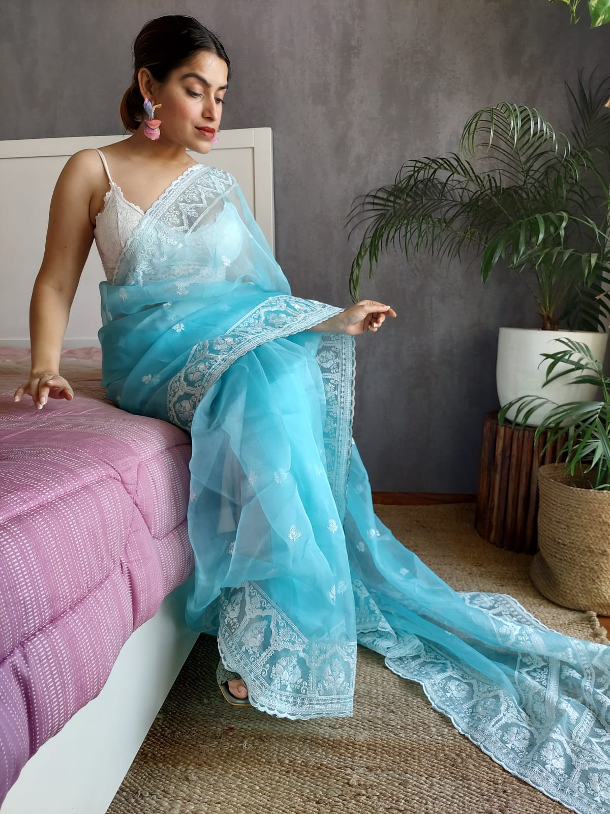 Pure Organza Silk All Over Embroidery Work With Rich Pallu Saree