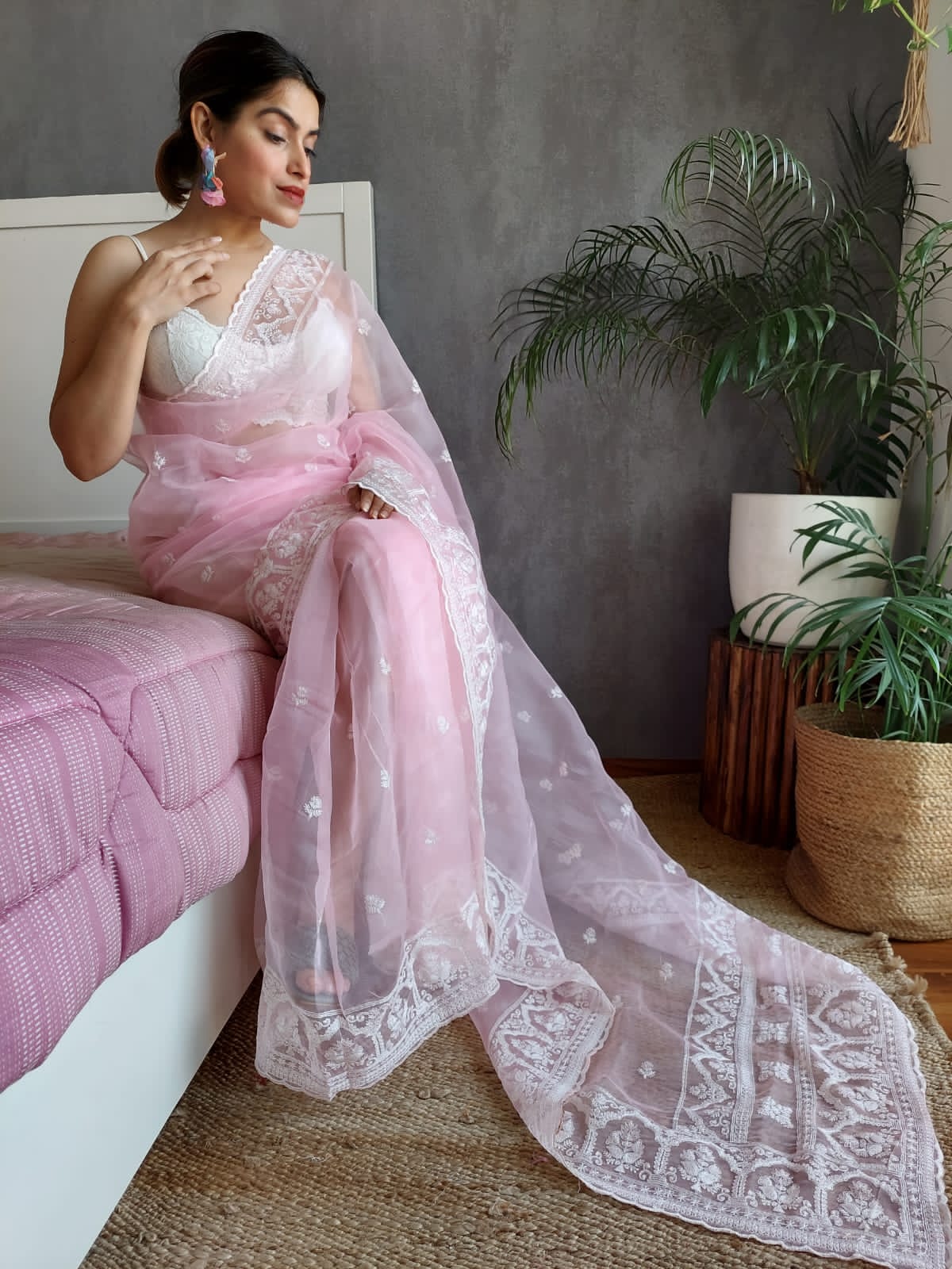 Pure Organza Silk All Over Embroidery Work With Rich Pallu Saree