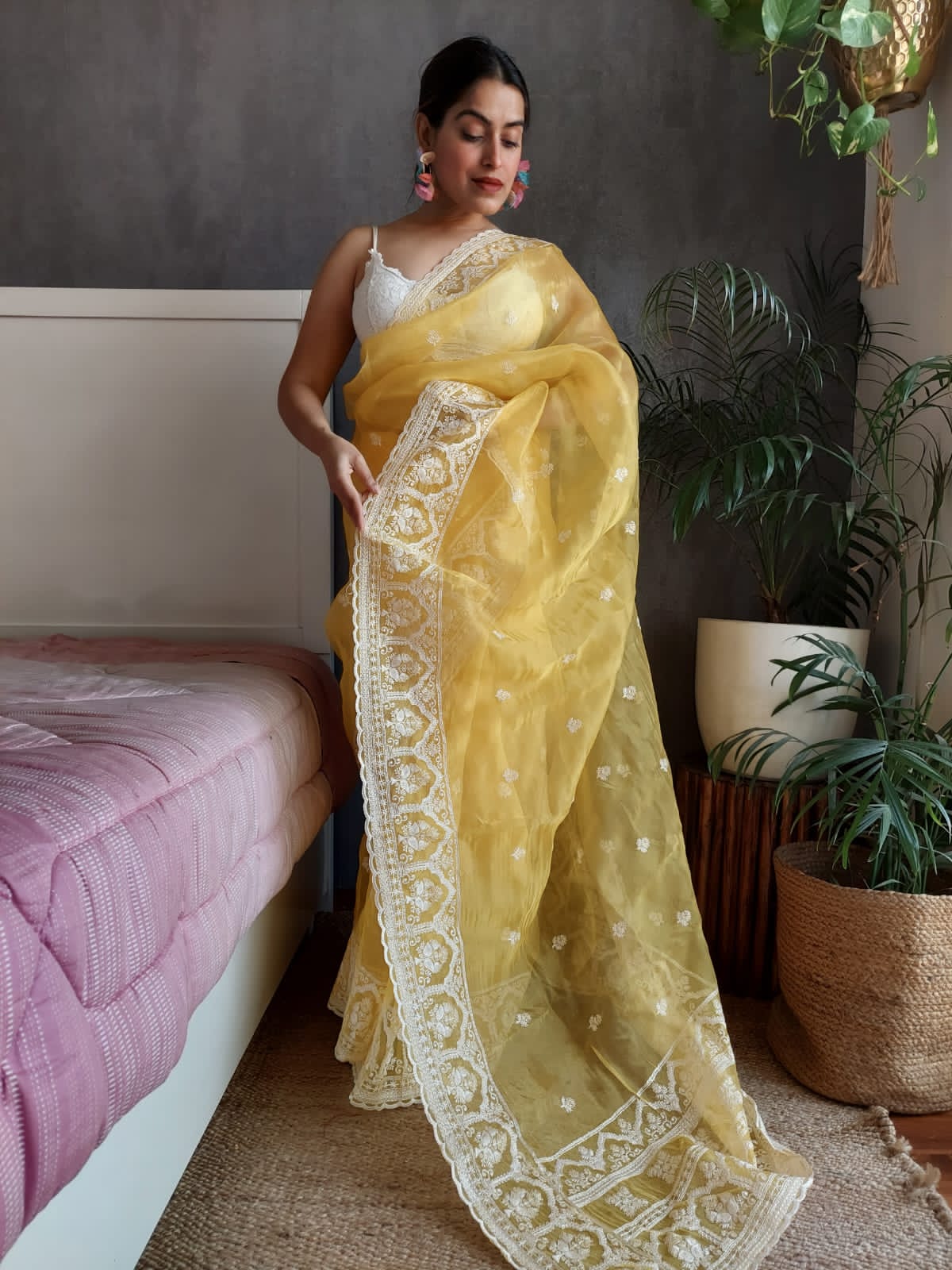 Pure Organza Silk All Over Embroidery Work With Rich Pallu Saree