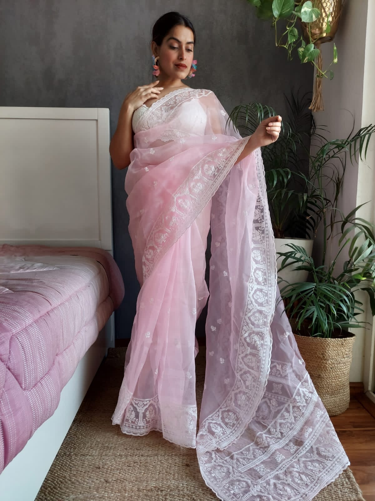 Pure Organza Silk All Over Embroidery Work With Rich Pallu Saree