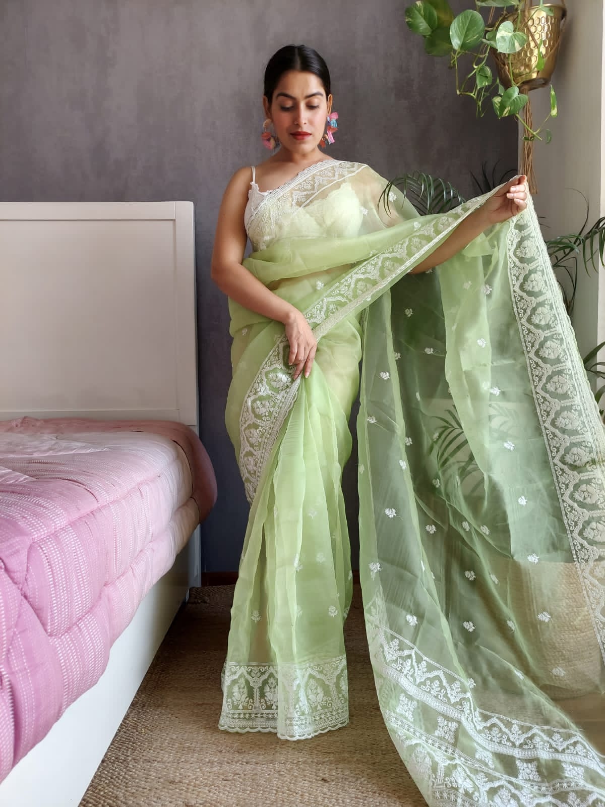 Pure Organza Silk All Over Embroidery Work With Rich Pallu Saree