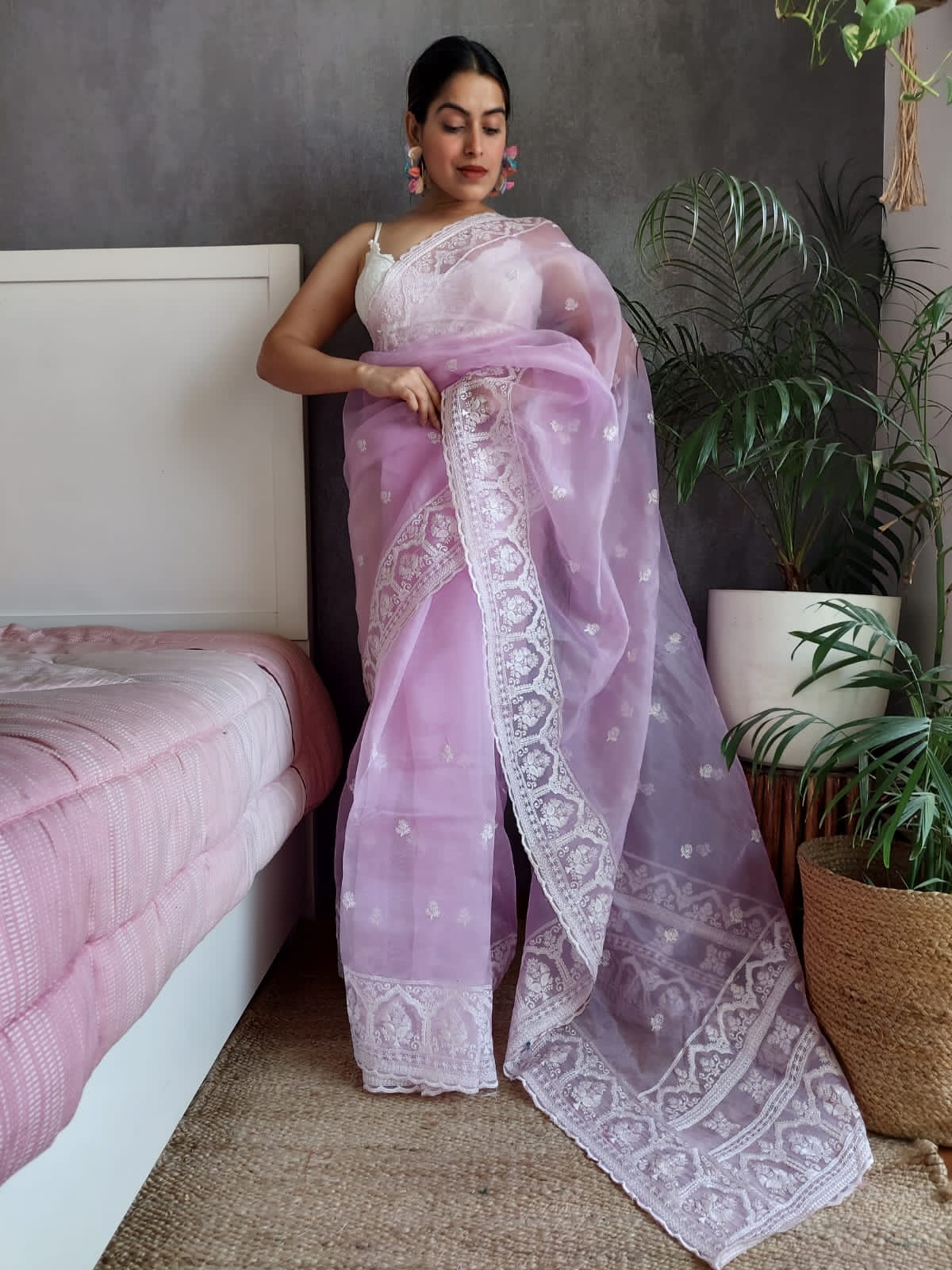 Pure Organza Silk All Over Embroidery Work With Rich Pallu Saree