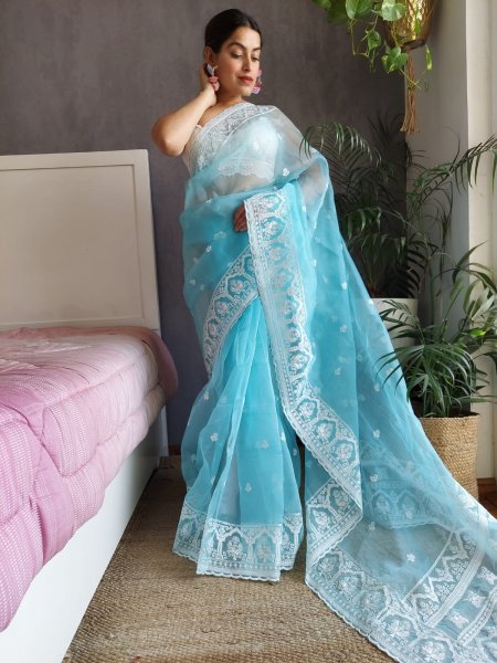 Image of Pure Organza Silk All Over Embroidery Work With Rich Pallu Saree