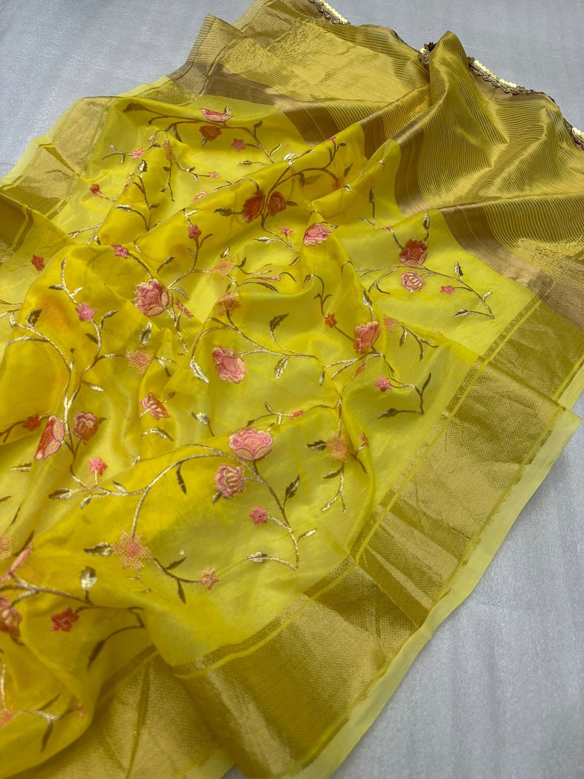 Pure Organza Silk Kashmiri Embroidery Rich Weaved Pallu Saree