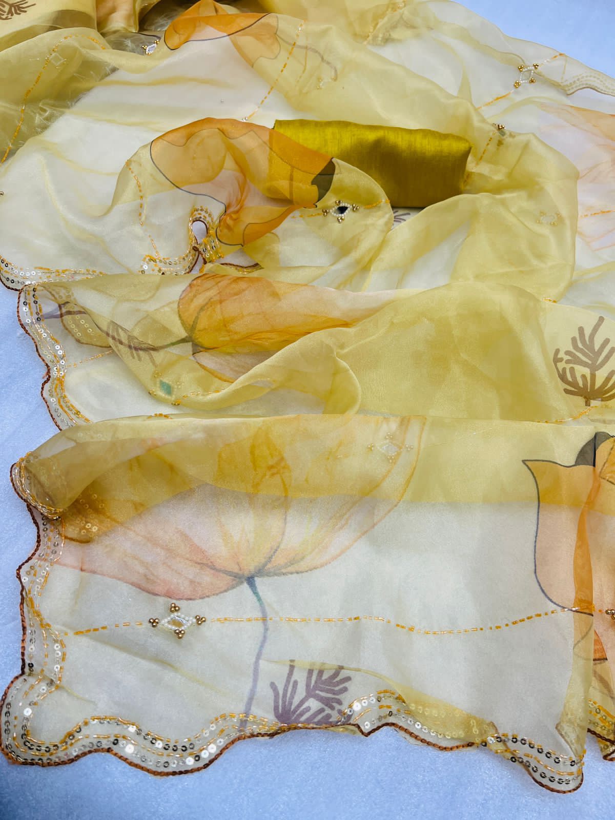 Organza Silk Digital Printed With Khatli Work Saree