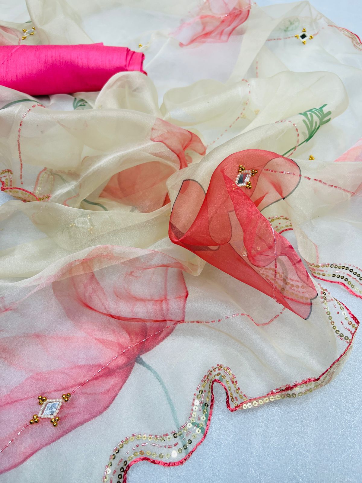 Organza Silk Digital Printed With Khatli Work Saree