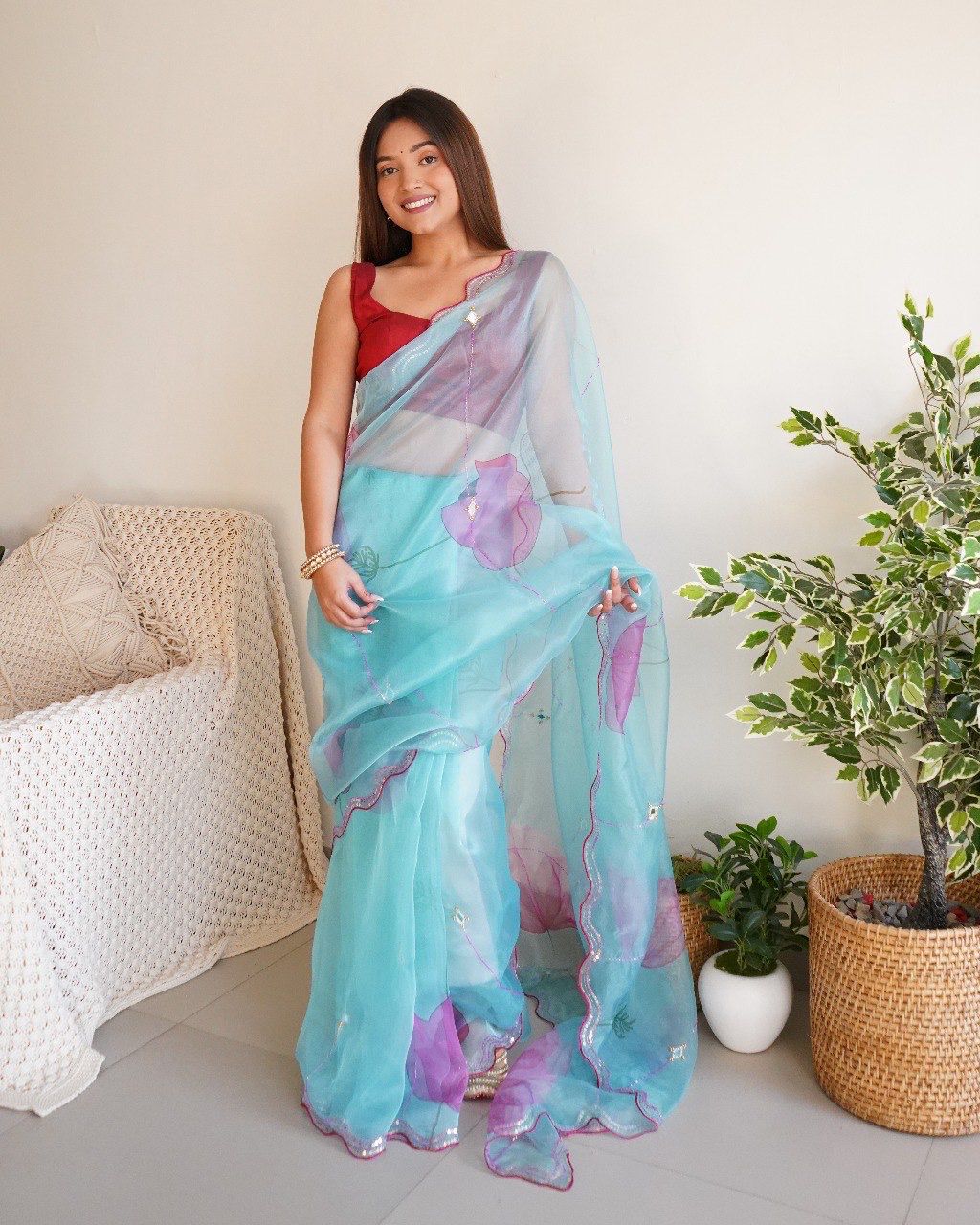 Organza Silk Digital Printed With Khatli Work Saree