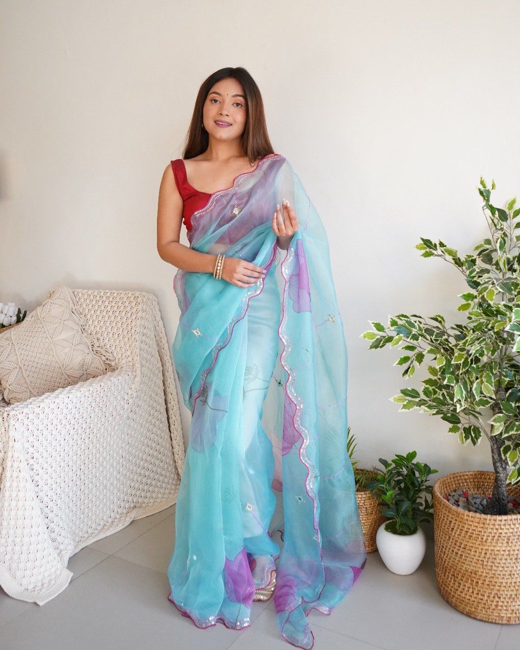 Organza Silk Digital Printed With Khatli Work Saree