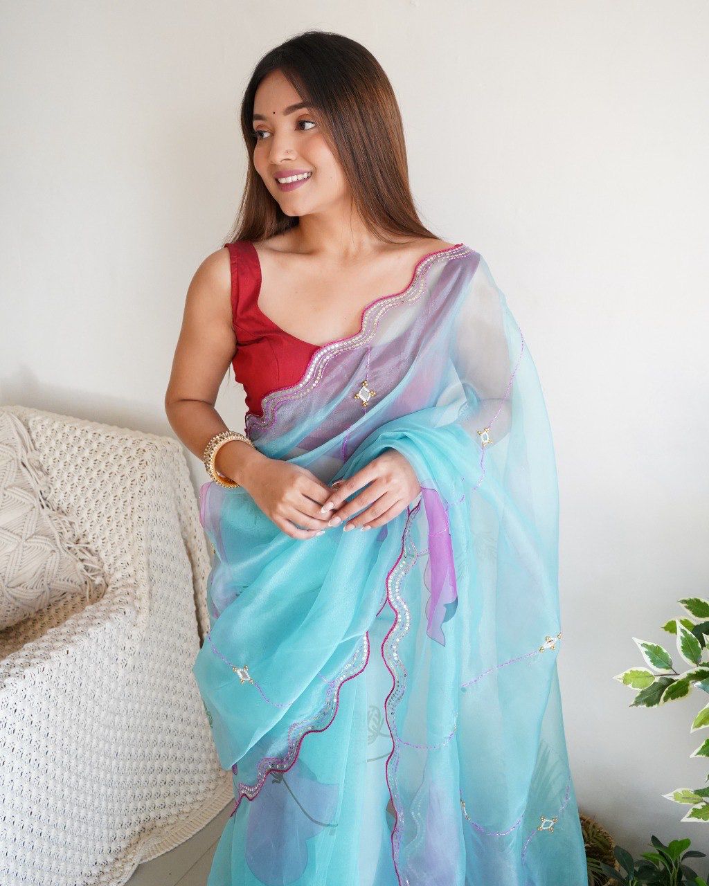 Organza Silk Digital Printed With Khatli Work Saree