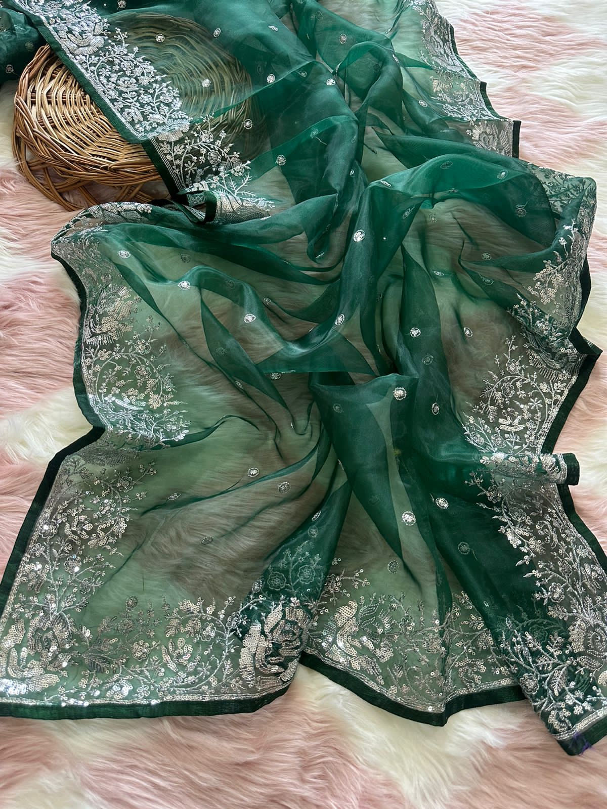 Organza Silk Sequence Embroidery Pallu Work Saree