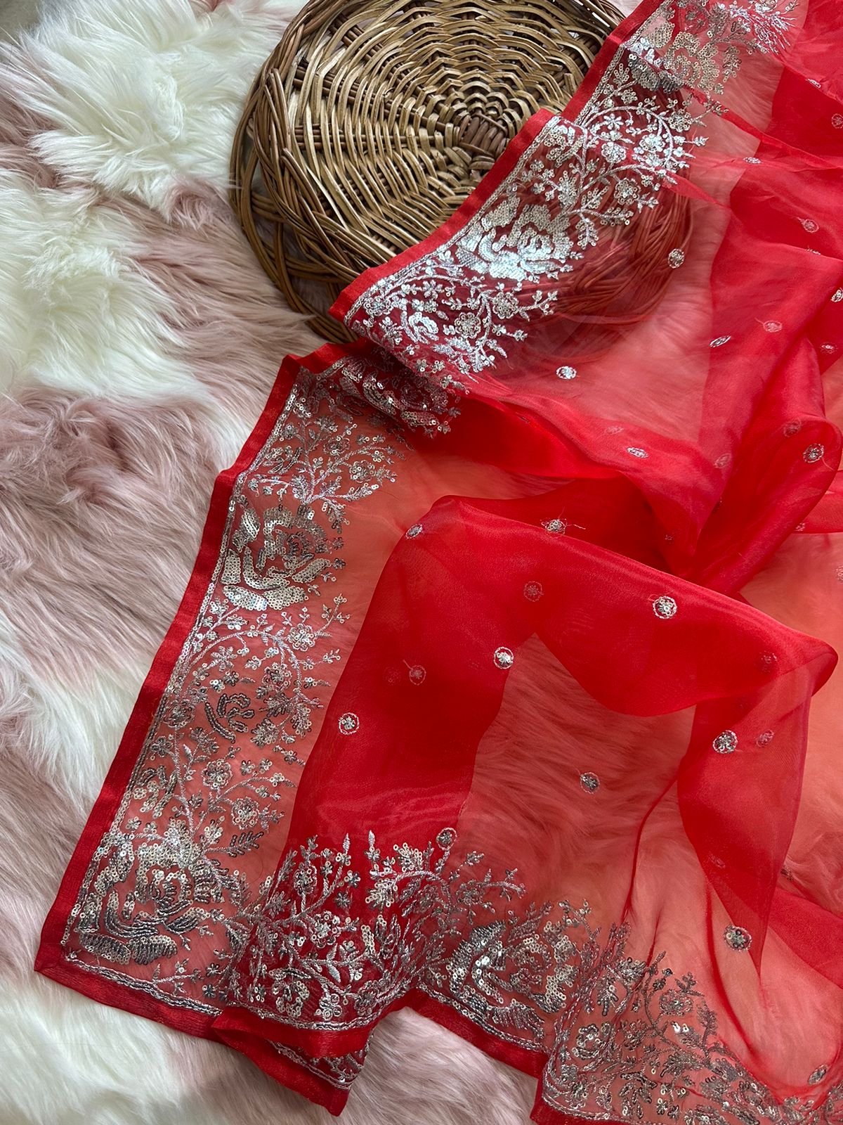 Organza Silk Sequence Embroidery Pallu Work Saree