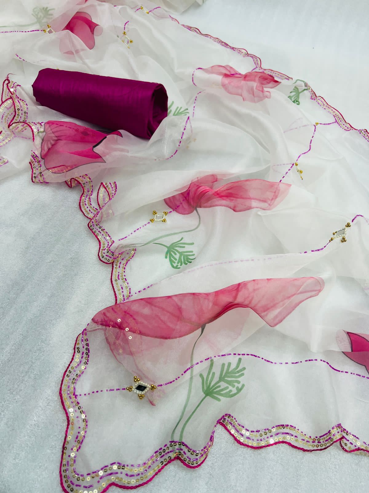 Organza Silk Digital Printed With Khatli Work Saree