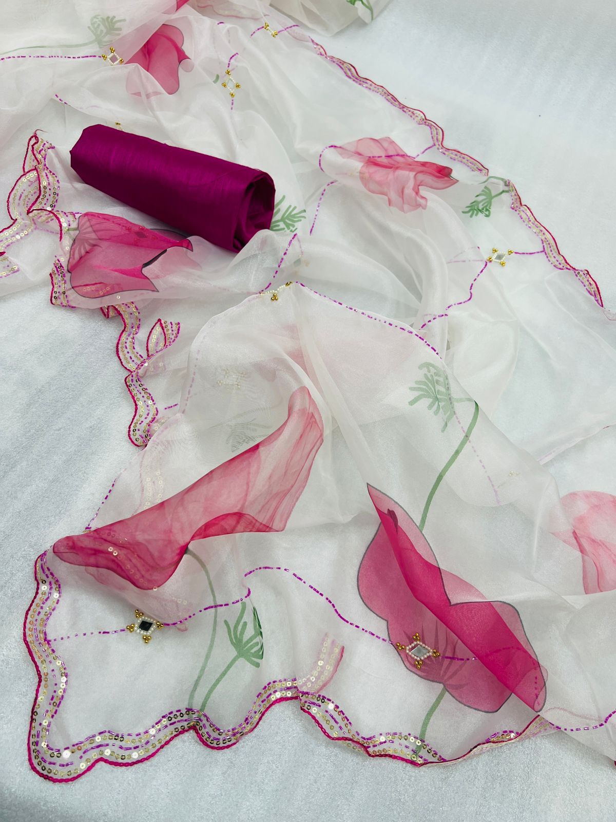 Organza Silk Digital Printed With Khatli Work Saree