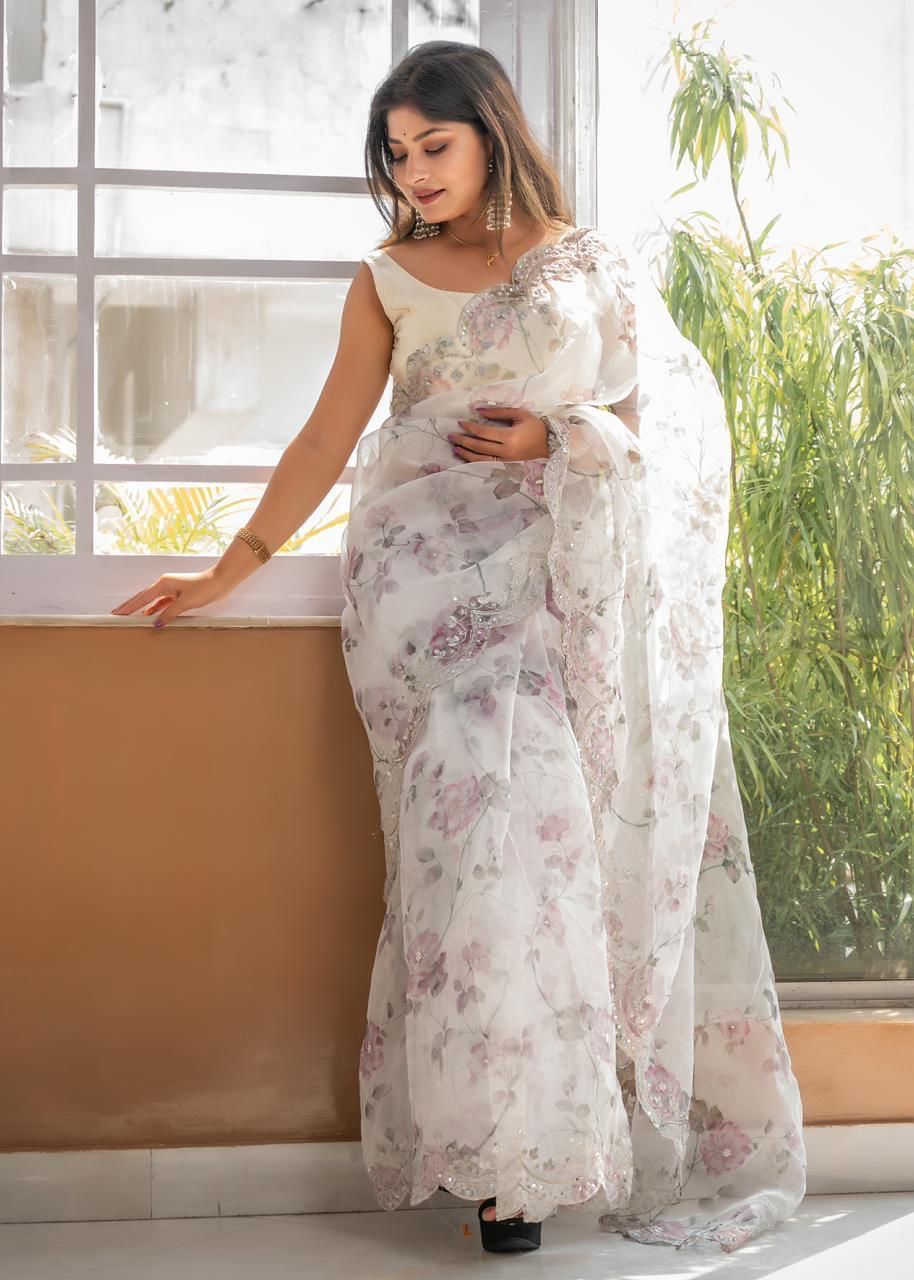 White Pure Organza Silk Hand Printed Sequence Work Saree
