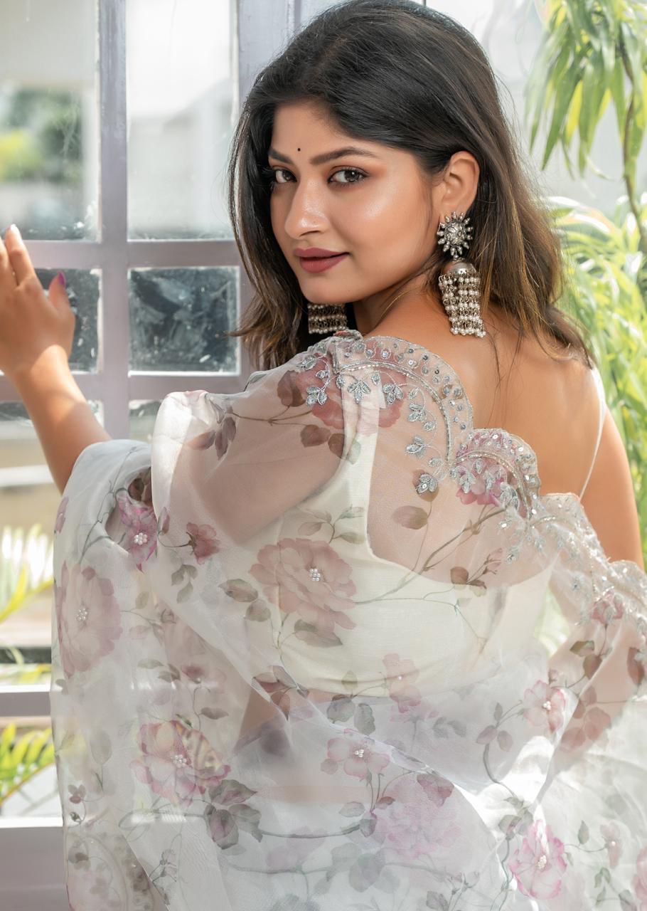 White Pure Organza Silk Hand Printed Sequence Work Saree