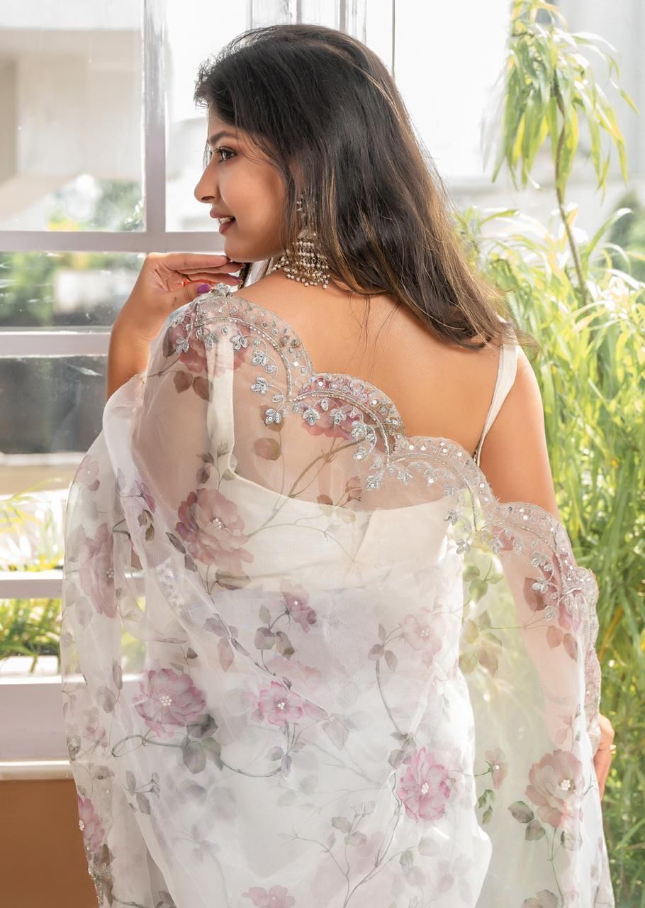White Pure Organza Silk Hand Printed Sequence Work Saree