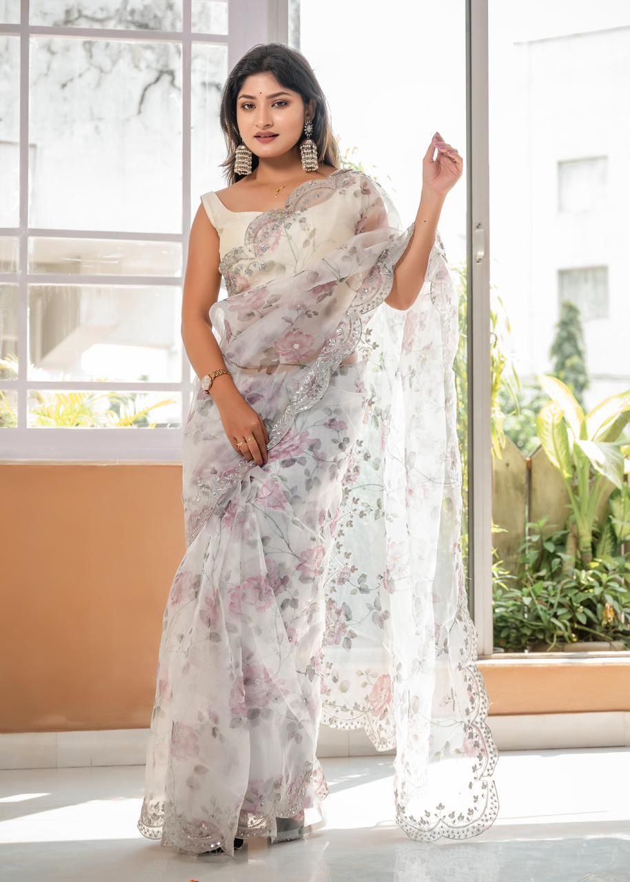 White Pure Organza Silk Hand Printed Sequence Work Saree