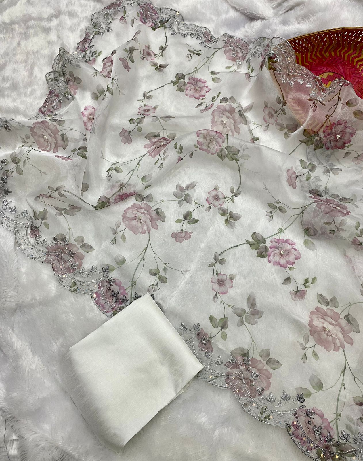 White Pure Organza Silk Hand Printed Sequence Work Saree