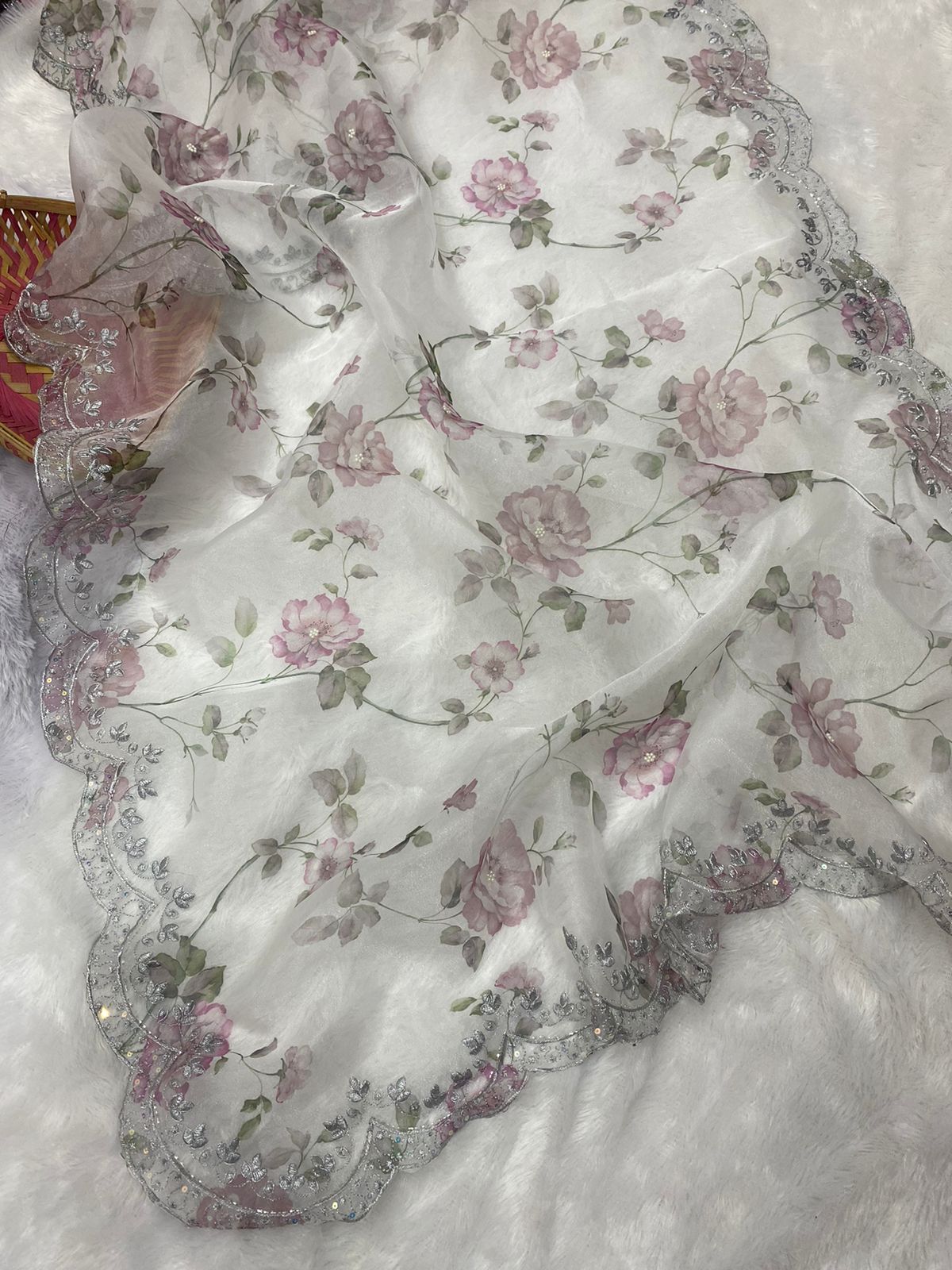 White Pure Organza Silk Hand Printed Sequence Work Saree