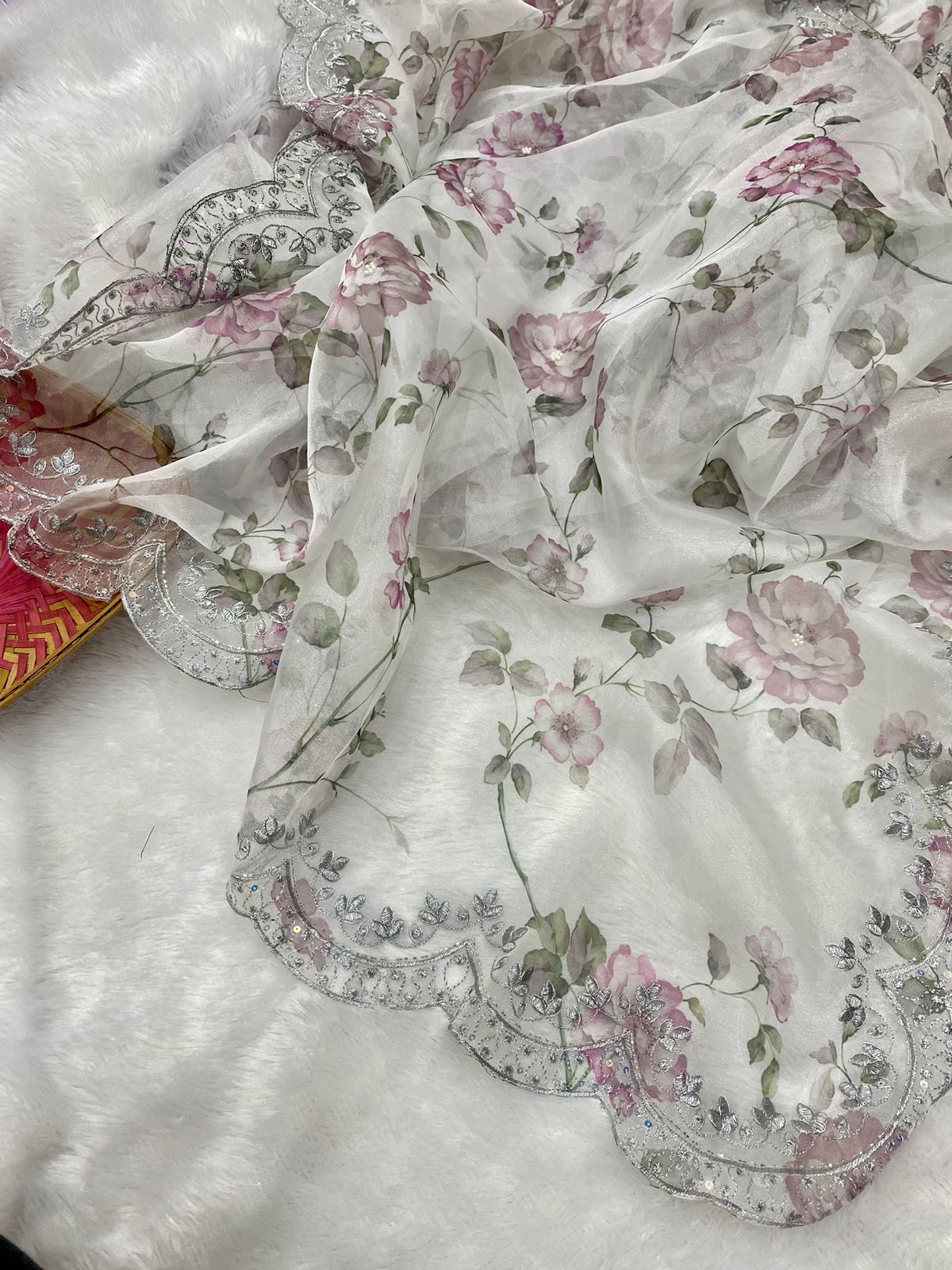 White Pure Organza Silk Hand Printed Sequence Work Saree