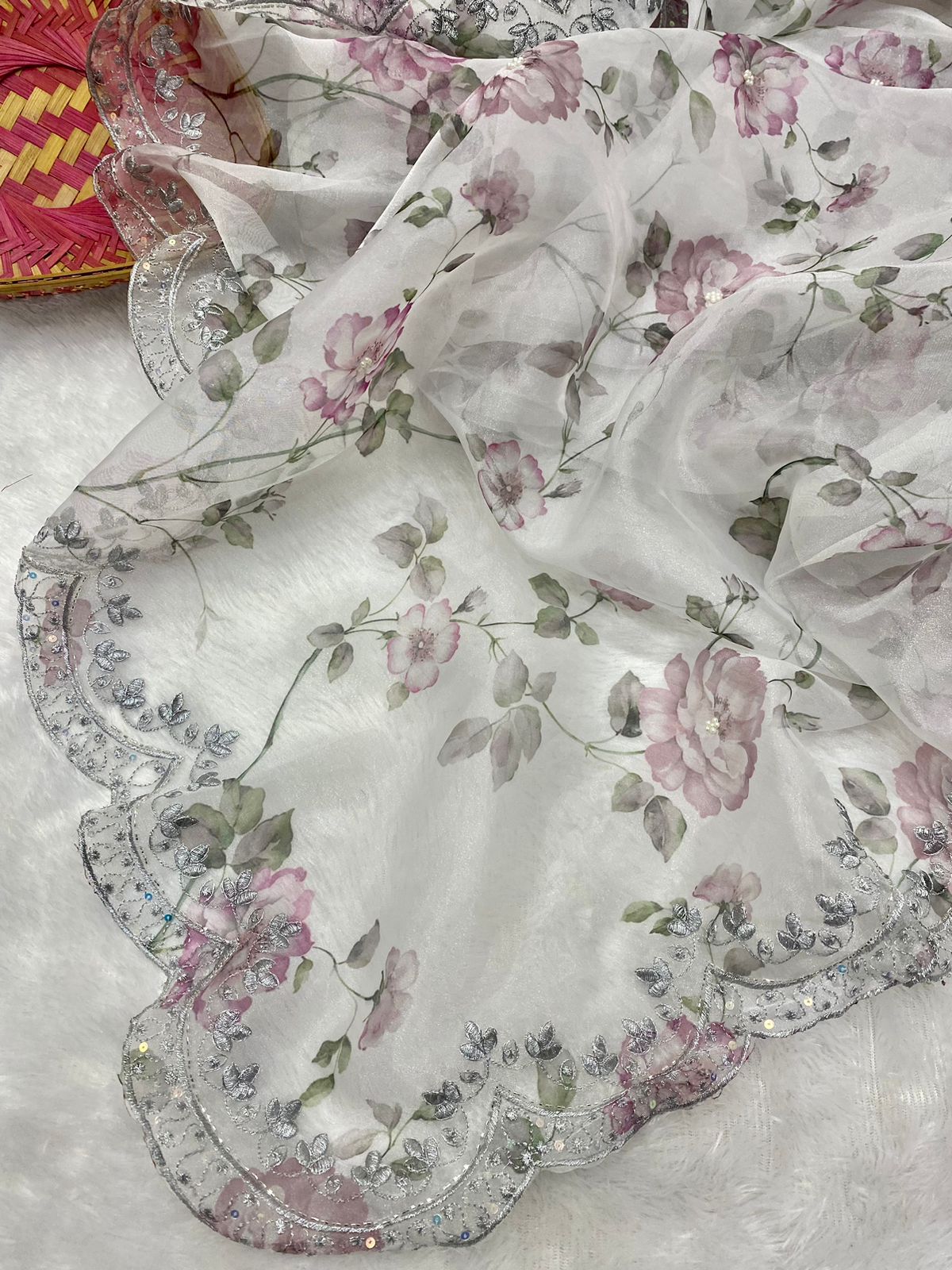 White Pure Organza Silk Hand Printed Sequence Work Saree