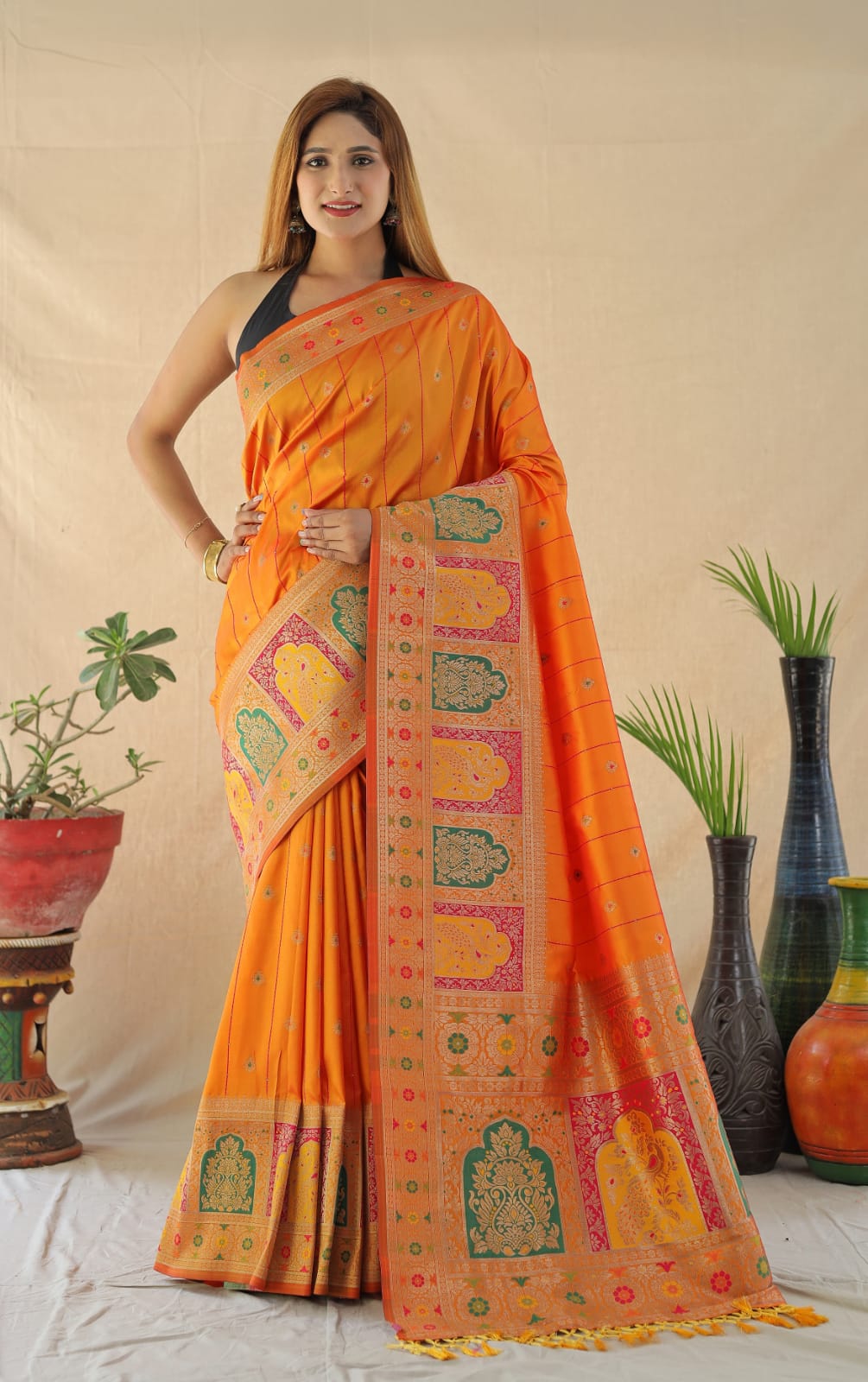 Banarasi Silk Meenakari Sequenced Weaved Saree With Tassels