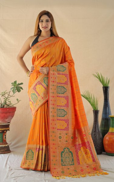 Image of Banarasi Silk Meenakari Sequenced Weaved Saree With Tassels