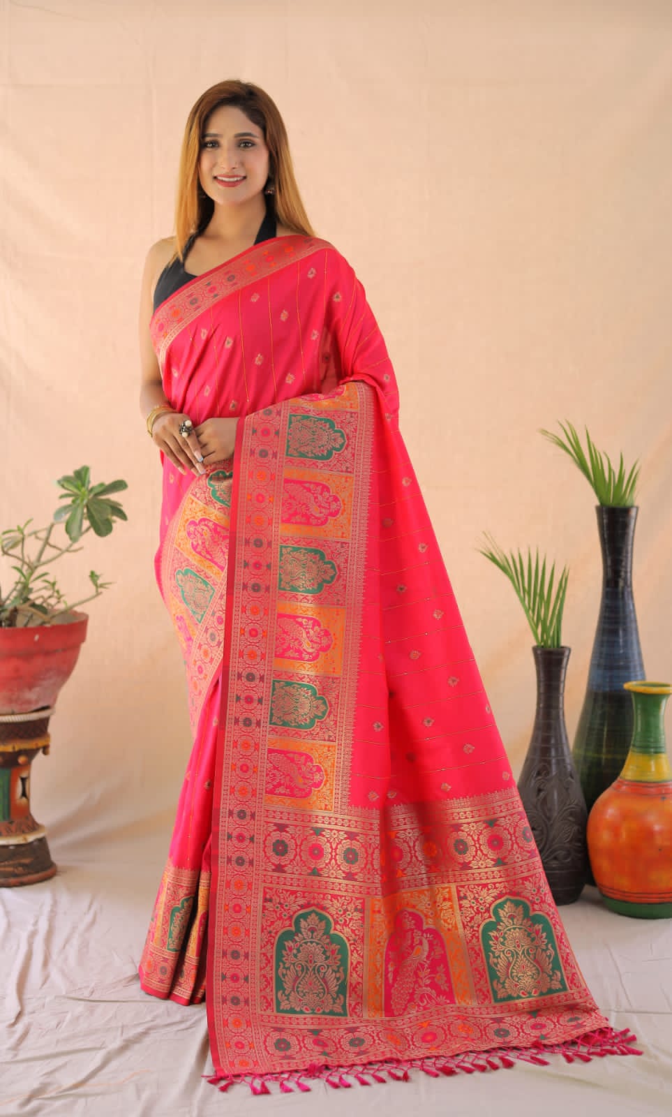 Banarasi Silk Meenakari Sequenced Weaved Saree With Tassels