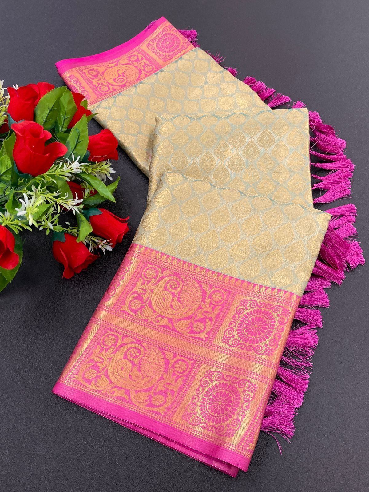 Pure Banarasi Tussar Silk Rich Zari Weaved All Over Saree