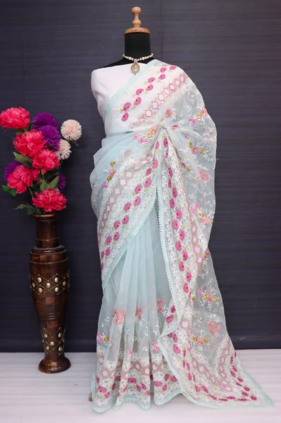 Image of Pure Organza Silk Multi Thread Embroidery Work Saree