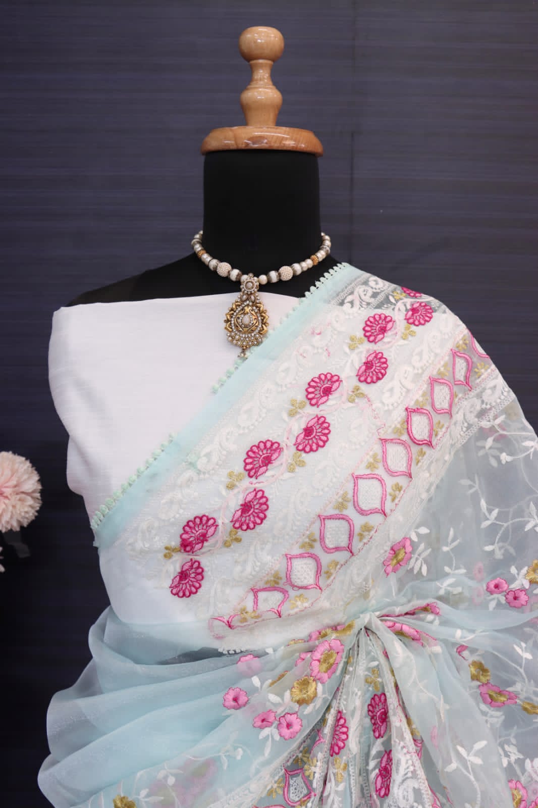 Pure Organza Silk Multi Thread Embroidery Work Saree