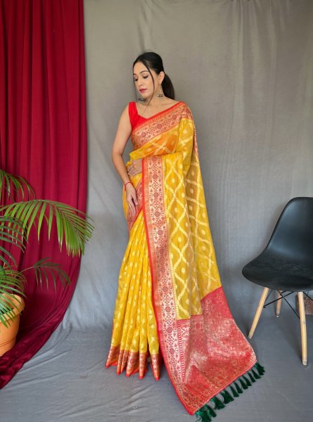 Image of Pure Organza Silk Jacquard Weaved Rich Pallu Saree