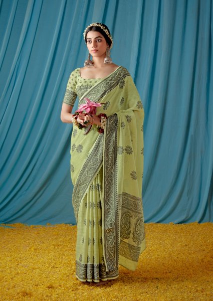 Image of Pure Soft Linen Resham Lucknawi Weaved Saree