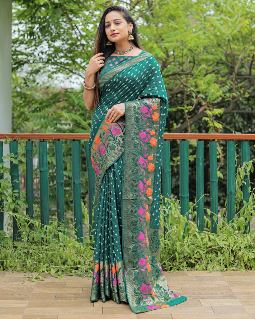 Pure Bandhej Silk Saree With Minakari Zari Weaved Border