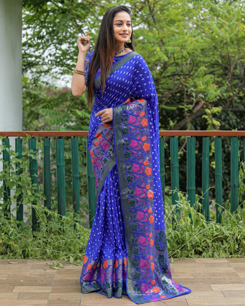 Pure Bandhej Silk Saree With Minakari Zari Weaved Border