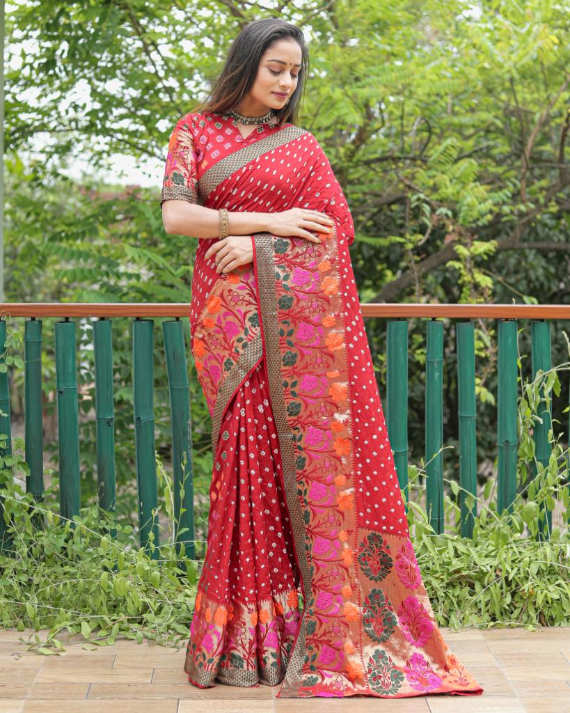 Pure Bandhej Silk Saree With Minakari Zari Weaved Border