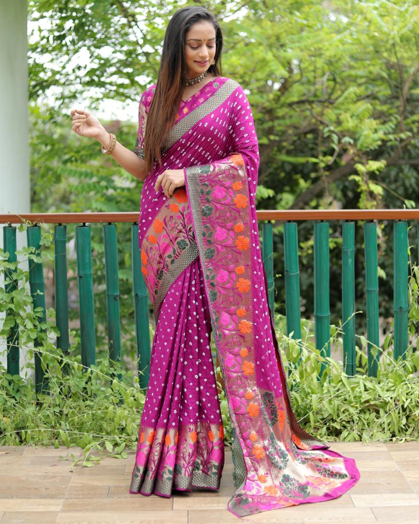 Pure Bandhej Silk Saree With Minakari Zari Weaved Border