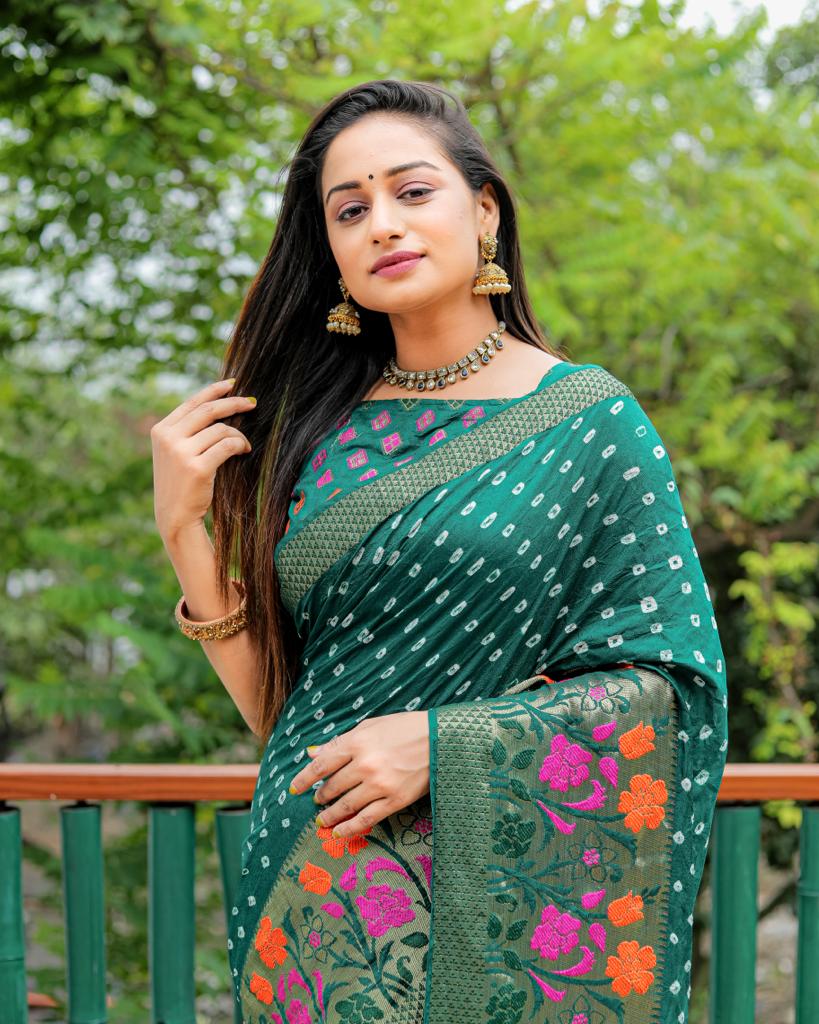 Pure Bandhej Silk Saree With Minakari Zari Weaved Border